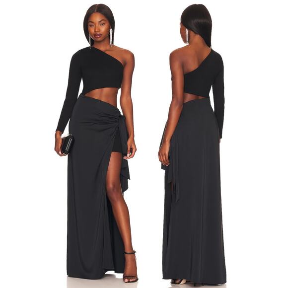 Lovers & Friends Amelie One Shoulder Gown Cut Out Wrap Tie Detail Black Size XS - Picture 1 of 12